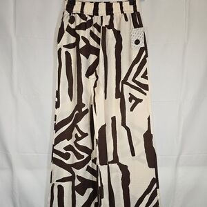 Brown & Off White Tribal Linen Blend Wide Leg Pants